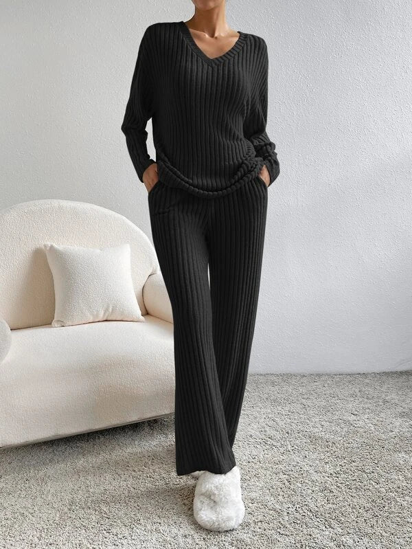 Women's Ribbed Knit Two Piece Set - V-Neck Long Sleeve Top and Wide Leg Pants