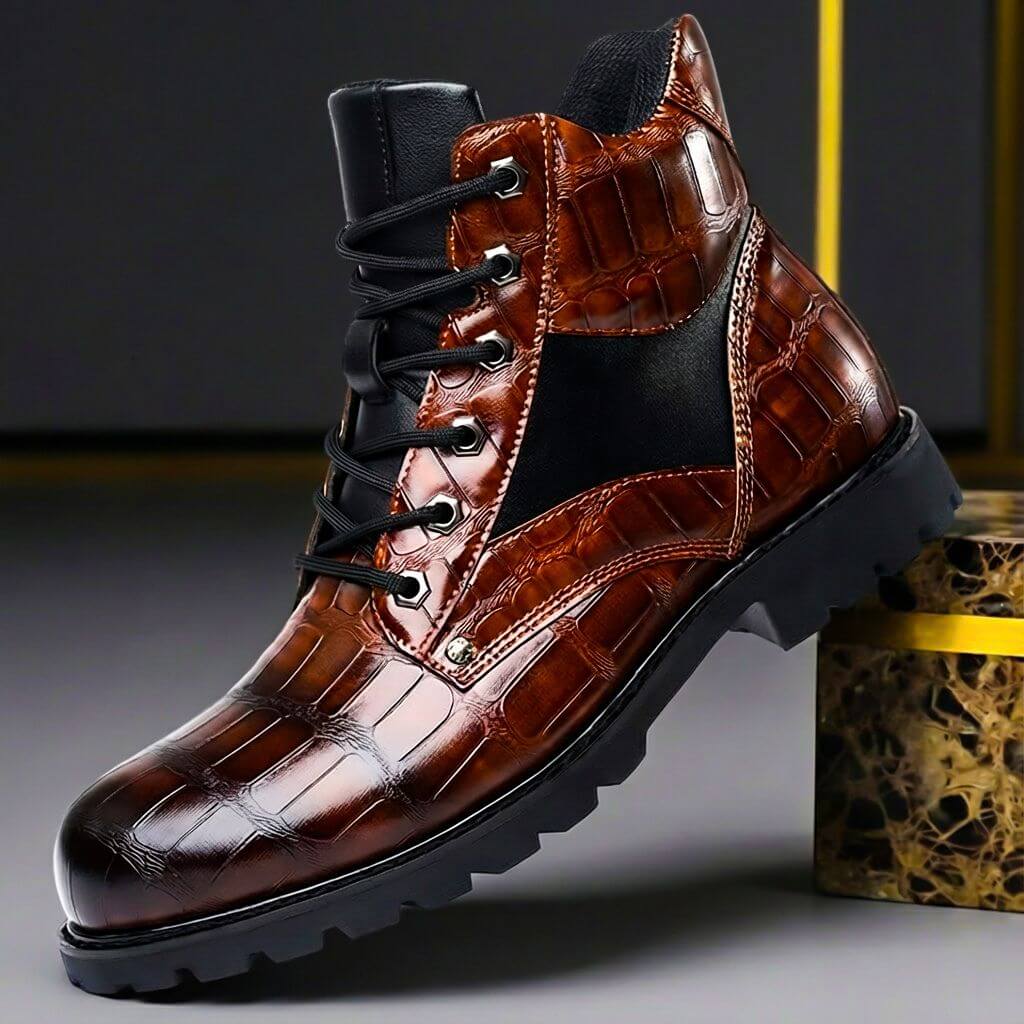 Men's Boots - Lace Up Ankle Boot with Croc Embossed Upper and Chunky Sole