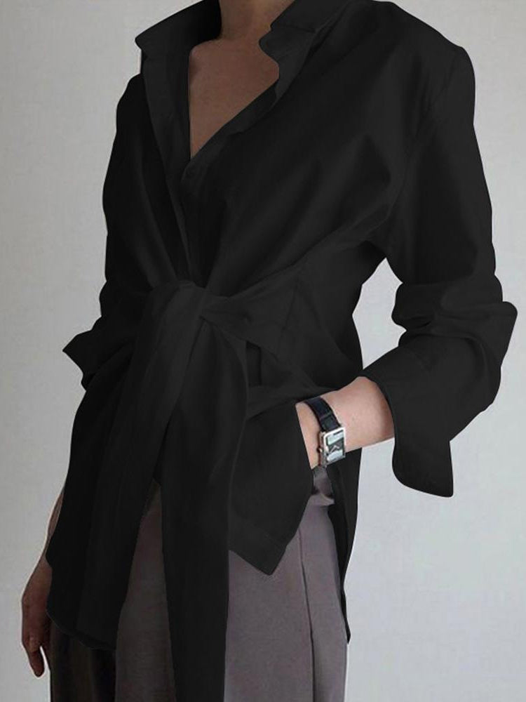 Women's Long Sleeve Button Shirt - Tie Belt Collar