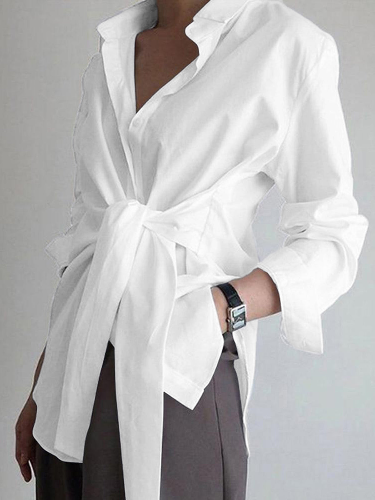 Women's Long Sleeve Button Shirt - Tie Belt Collar
