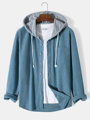 Men's Corduroy Hooded Overshirt - Button Front - Chest Pocket