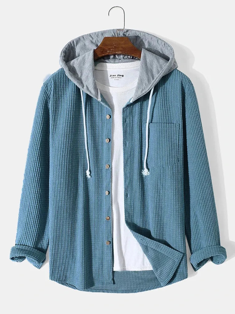 Men's Corduroy Hooded Overshirt - Button Front - Chest Pocket