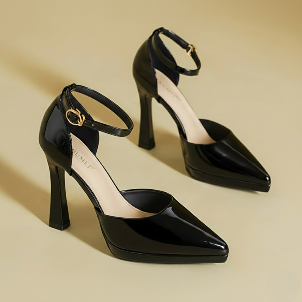 Women's Patent Leather Pointed Toe Ankle Strap Block Heels