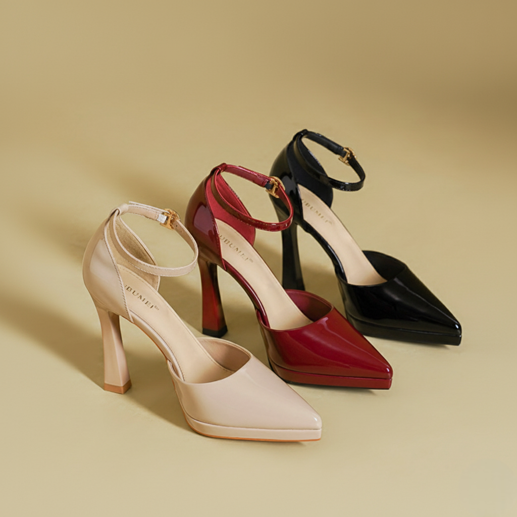 Women's Patent Leather Pointed Toe Ankle Strap Block Heels