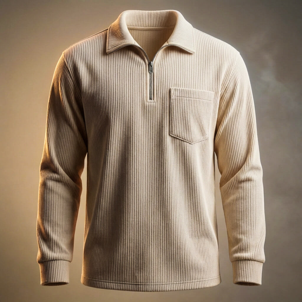 Men's Quarter Zip Jumper - Ribbed Knit Long Sleeve with Chest Pocket and Polo Collar