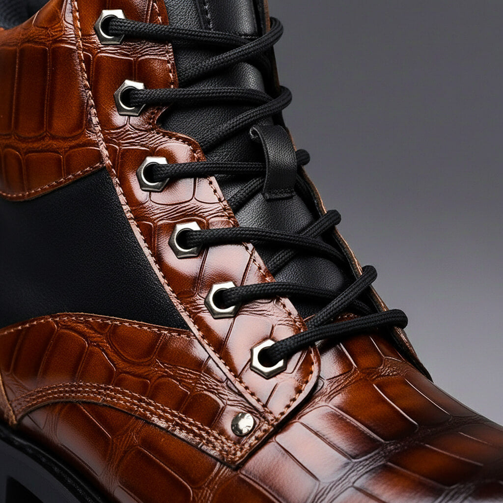 Men's Boots - Lace Up Ankle Boot with Croc Embossed Upper and Chunky Sole