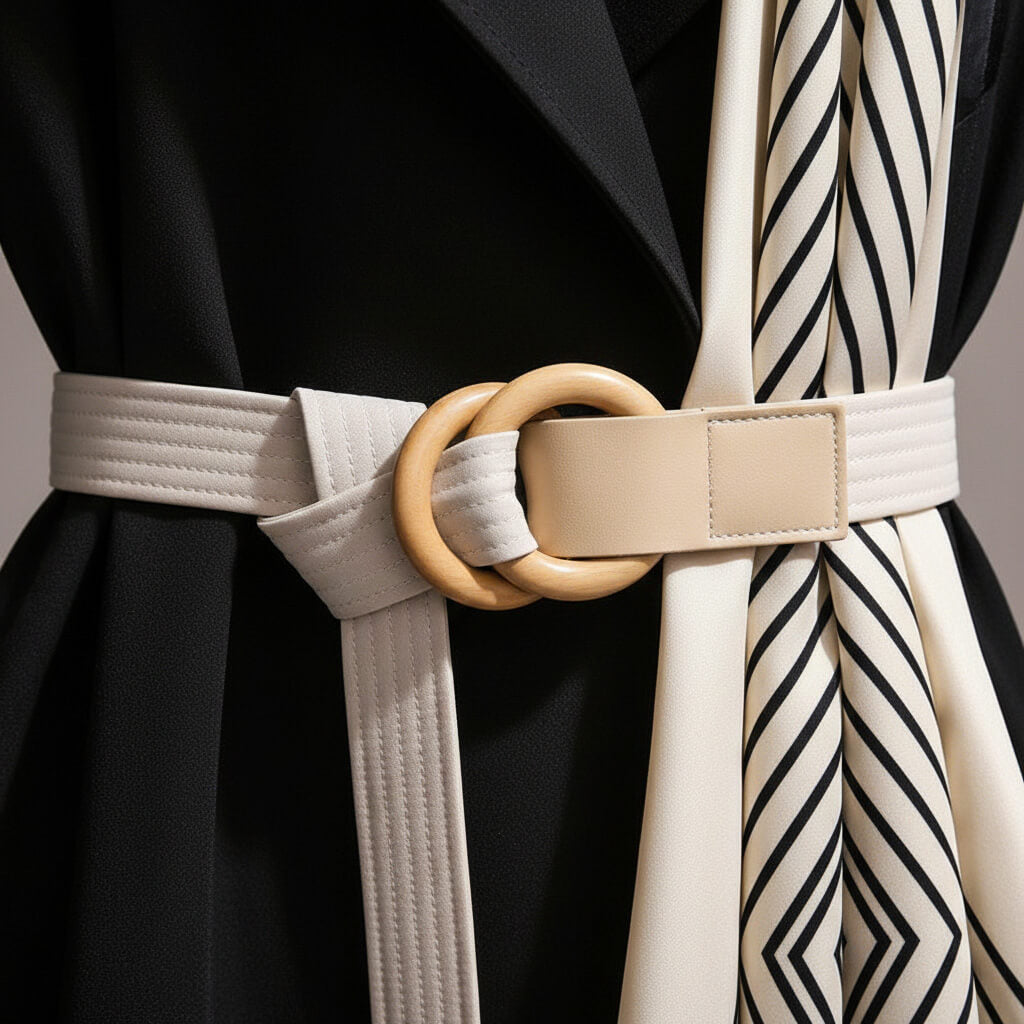 Women's Trench Coat - Long Line Open Front with Contrast Scarf Belt and Wide Lapel