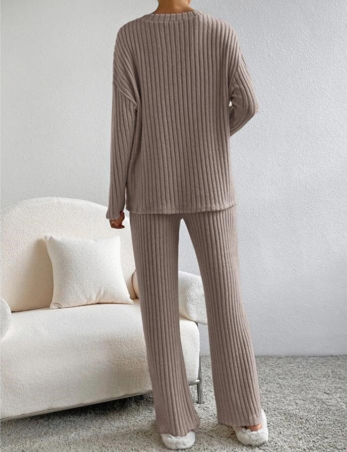 Women's Ribbed Knit Two Piece Set - V-Neck Long Sleeve Top and Wide Leg Pants
