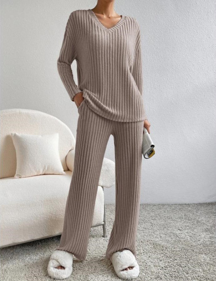 Women's Ribbed Knit Two Piece Set - V-Neck Long Sleeve Top and Wide Leg Pants