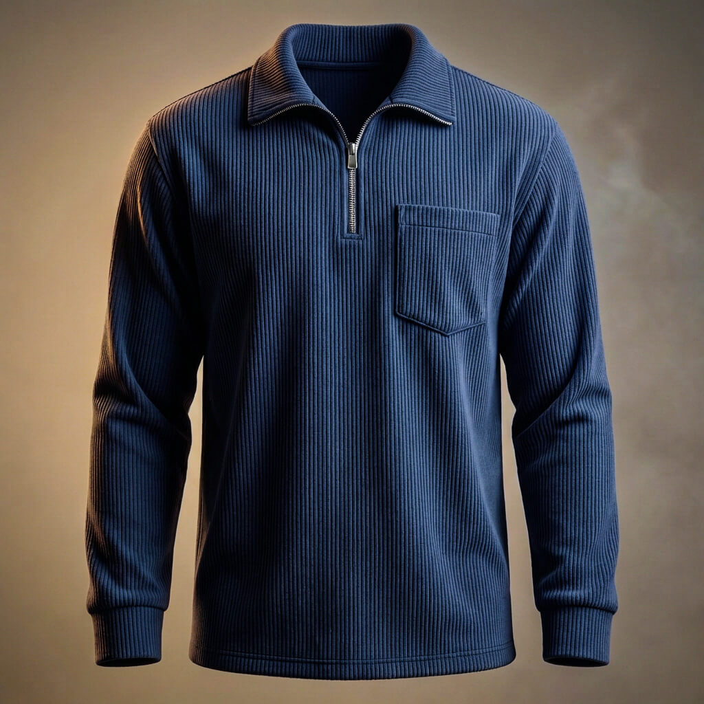 Men's Quarter Zip Jumper - Ribbed Knit Long Sleeve with Chest Pocket and Polo Collar