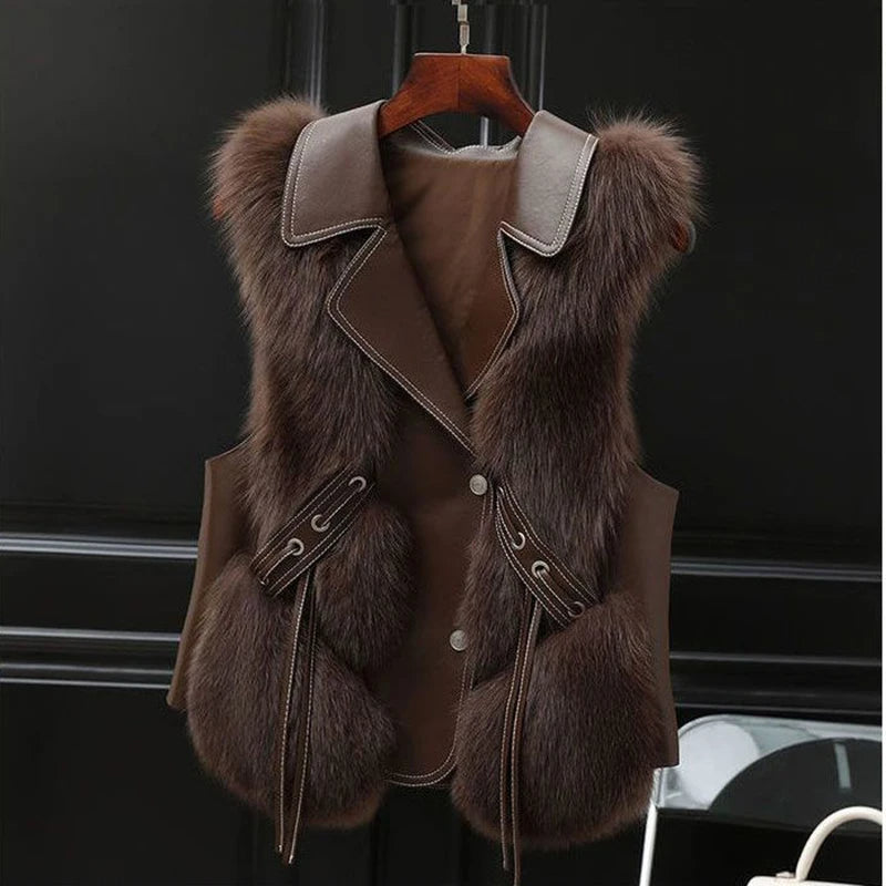 Women’s Faux Fur Trim Gilet – Collared Tie-Side Regular Fit Vest