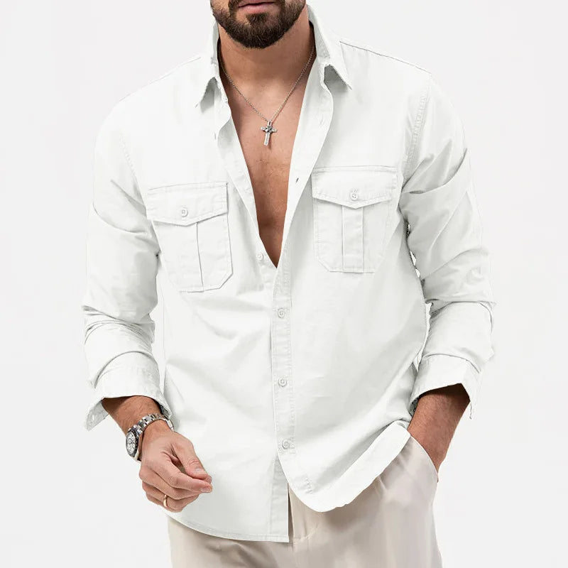 Men's Long Sleeve Button Up Shirt - Dual Chest Pockets - Relaxed Fit