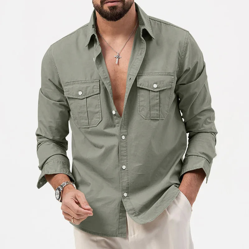 Men's Long Sleeve Button Up Shirt - Dual Chest Pockets - Relaxed Fit