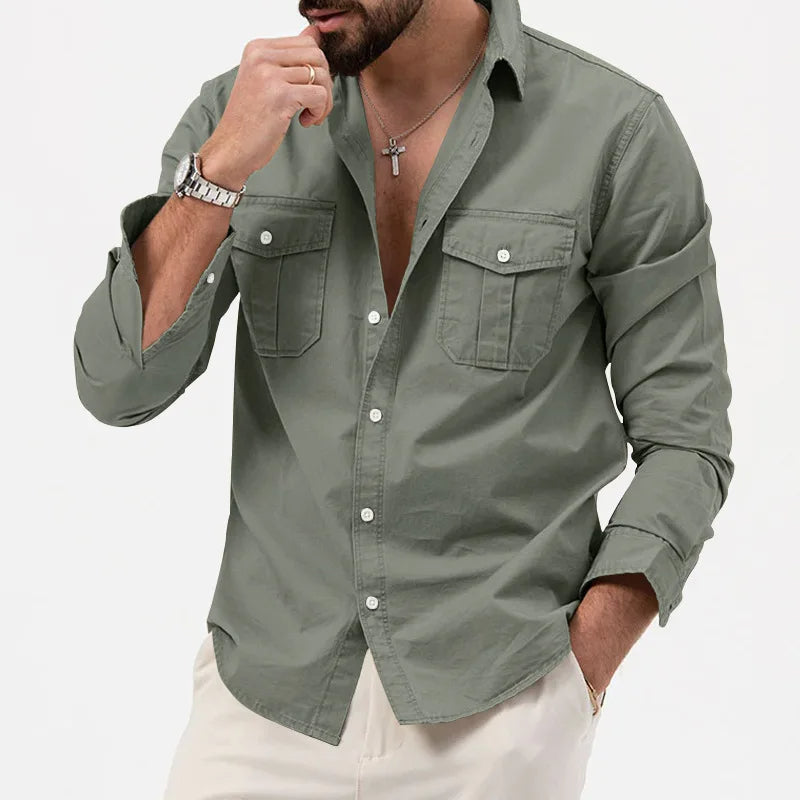 Men's Long Sleeve Button Up Shirt - Dual Chest Pockets - Relaxed Fit