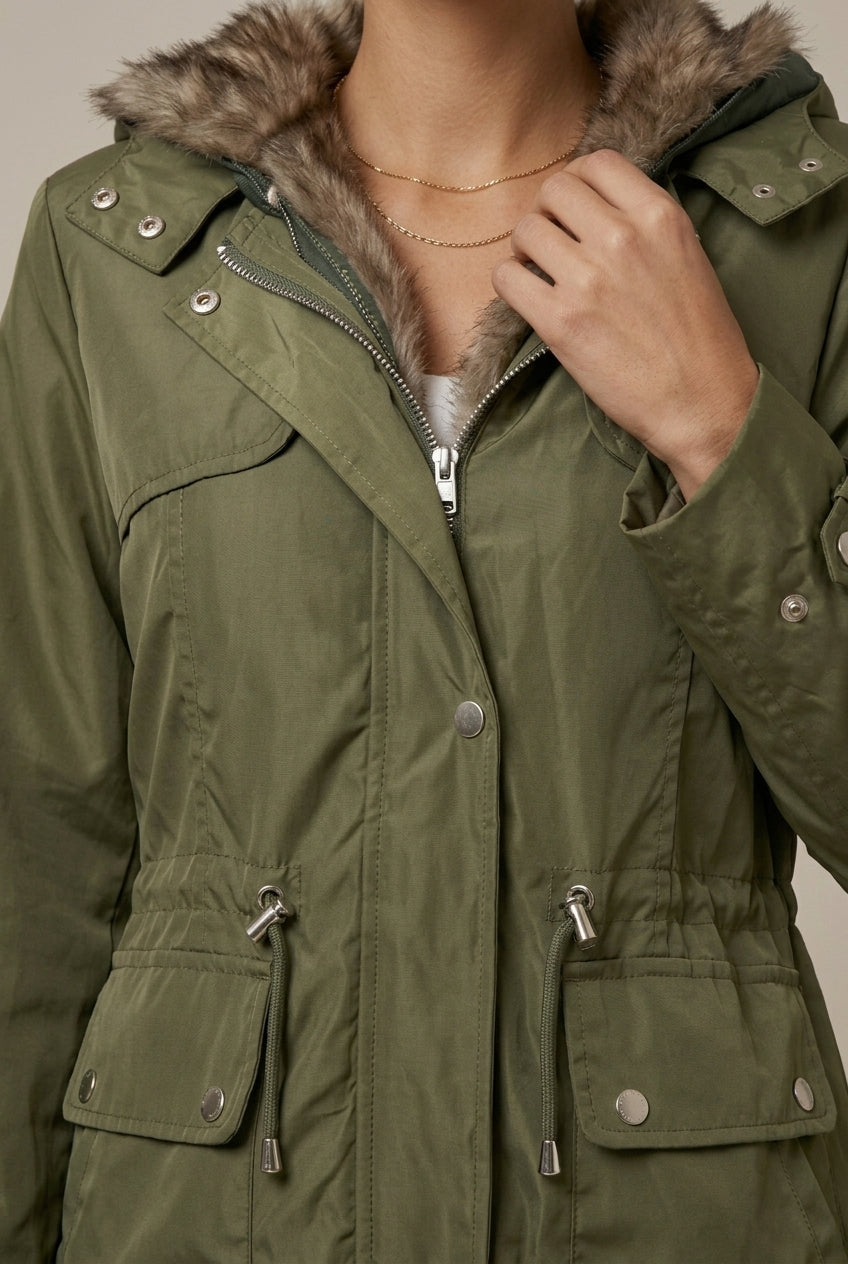 Women's Hooded Parka - Faux Fur Lined Hood - Snap Zip Front - Midi Length