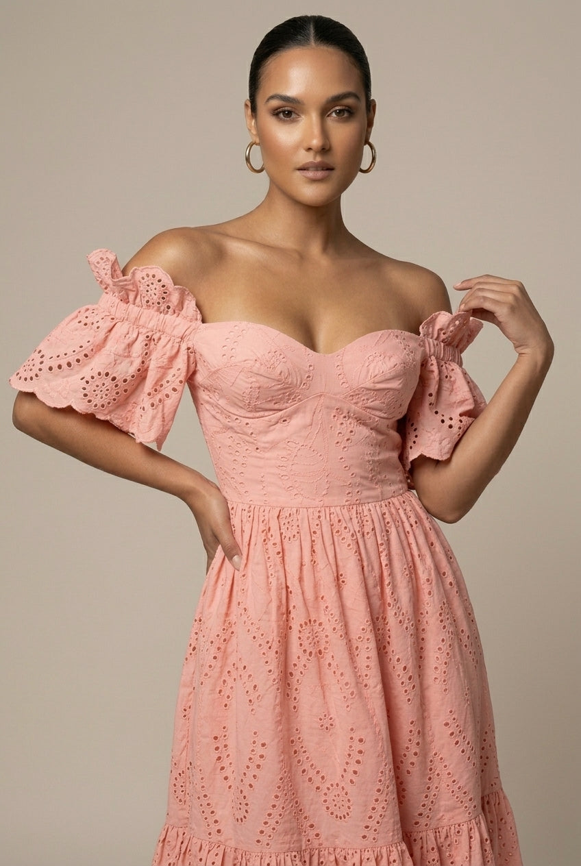 Women's Off Shoulder Eyelet Midi Dress - Puff Sleeves - Wedding Guest