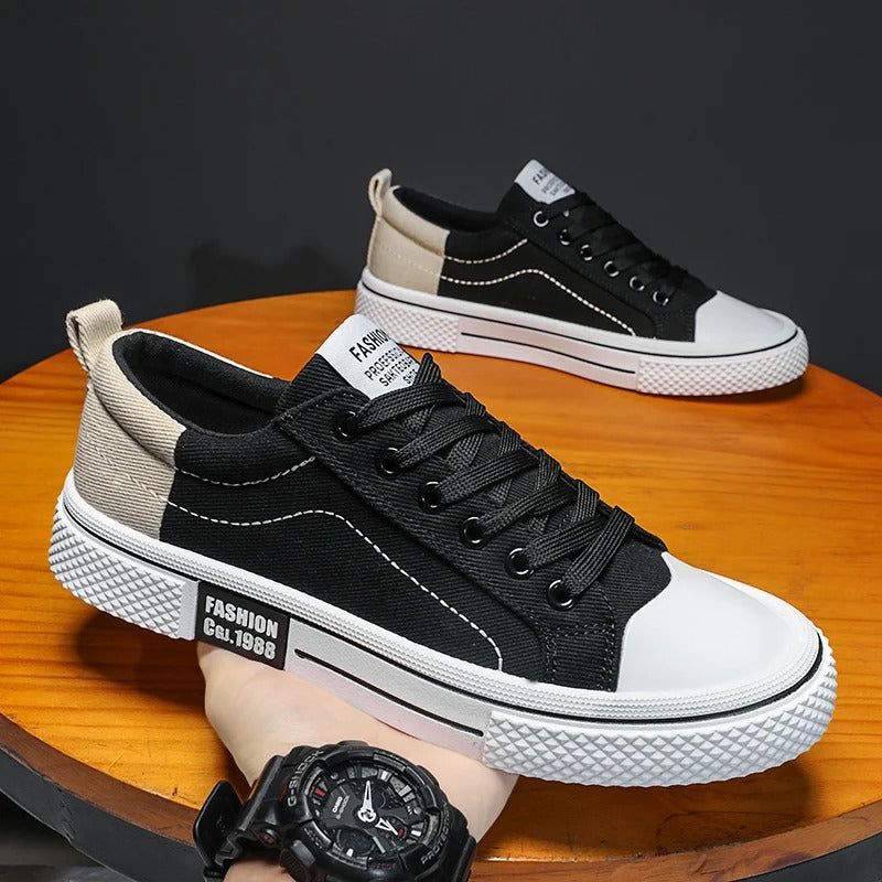 Men's Casual Sneakers - Lace-Up Low Top with Contrast Toe Cap - Colour Block Upper and White Sole