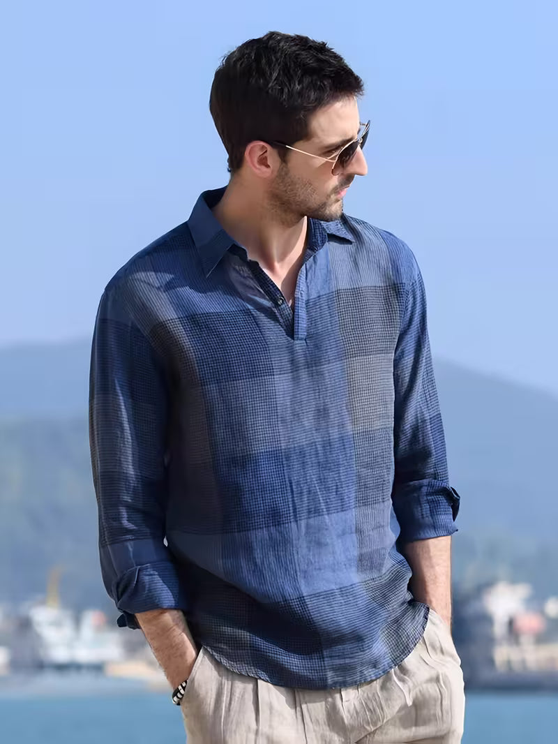 Men's Long Sleeve Plaid Shirt - Polo Collar - Pullover - Navy Blue
