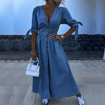 Women's Denim Midi Dress - V-Neck Button Front A-Line with Tie Sleeve Detail