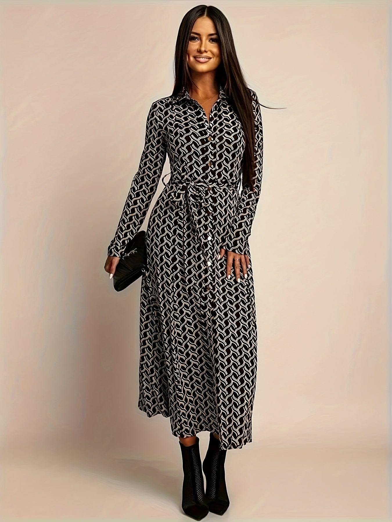 Women's Black Long Sleeve Midi Dress - Geo Print - Belted Waist