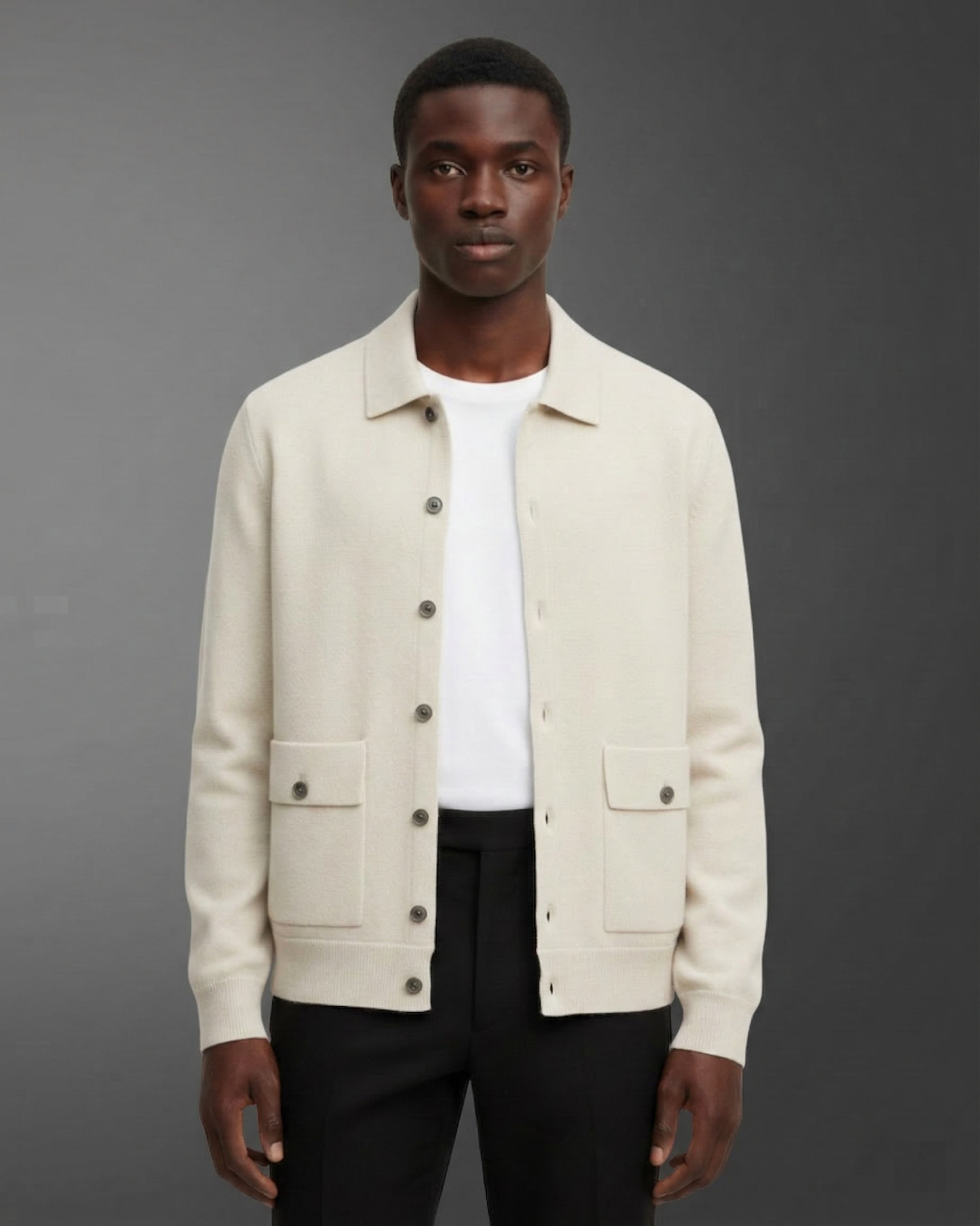 Men's Wool Cardigan - Button-Up Collar Long Sleeve
