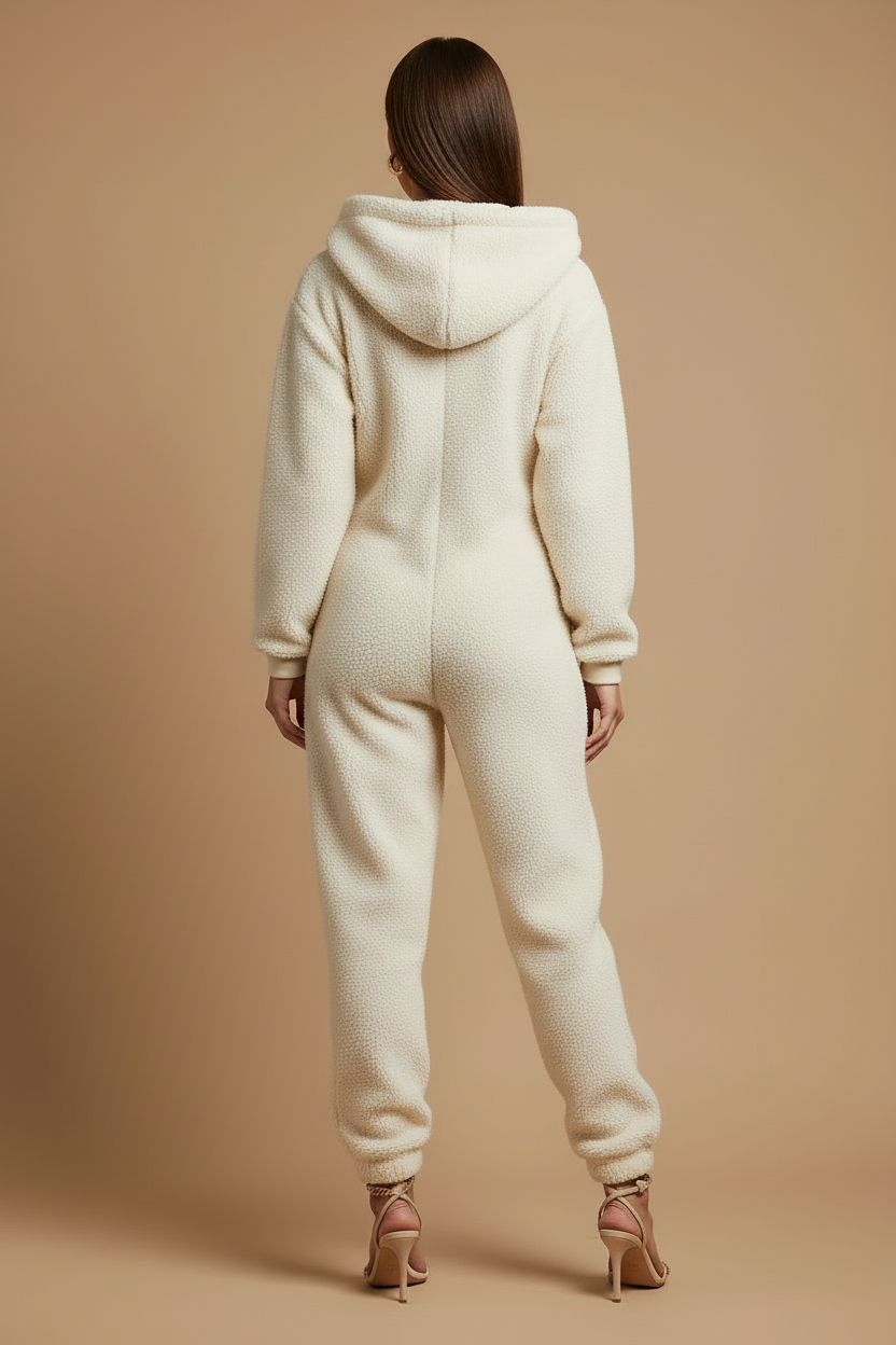 Women's Jumpsuit - Oversized Hooded Zip Front Teddy Fleece with Patch Pockets