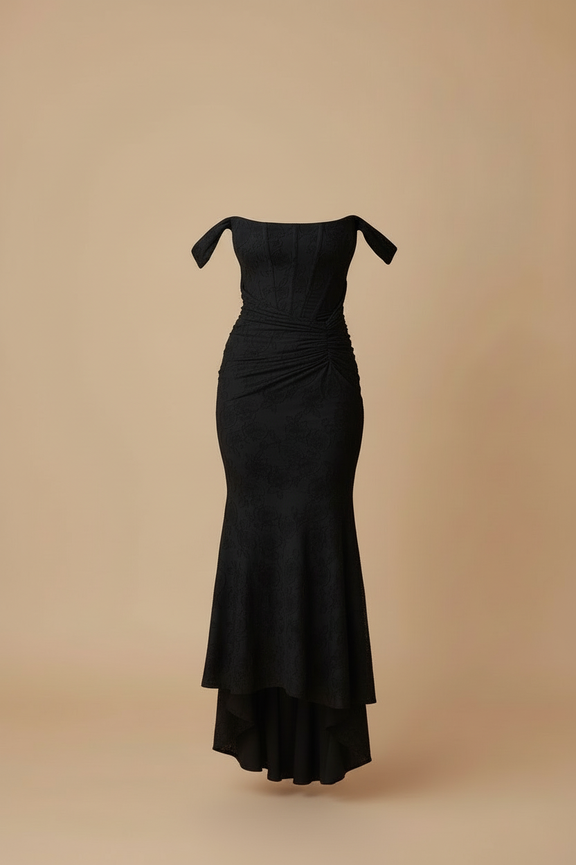 Women’s Ruched Midi Dress with Square Neck – Structured Fitted Evening Silhouette