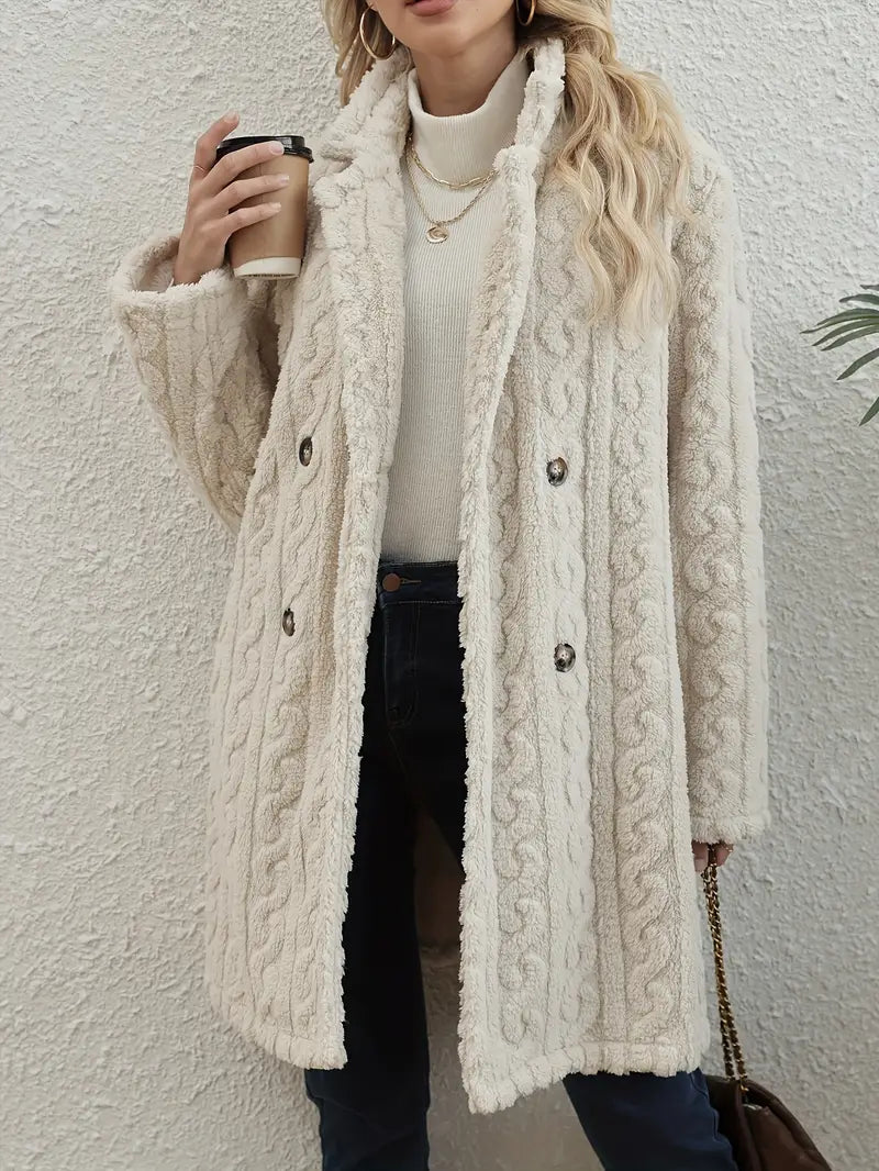 Women's Coat - Double Breasted Notch Lapel Cable Texture Midi