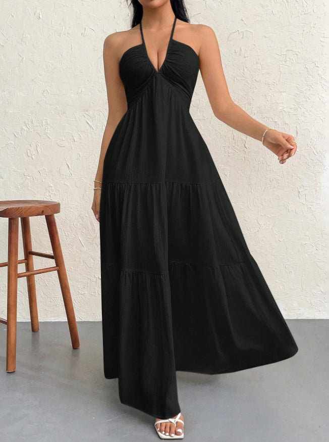 Women's Halter Neck Flowy Maxi Dress - Tiered Open Back