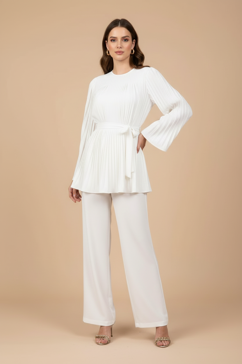 Women's Two Piece Set - Pleated Peplum Top and Wide Leg Pants
