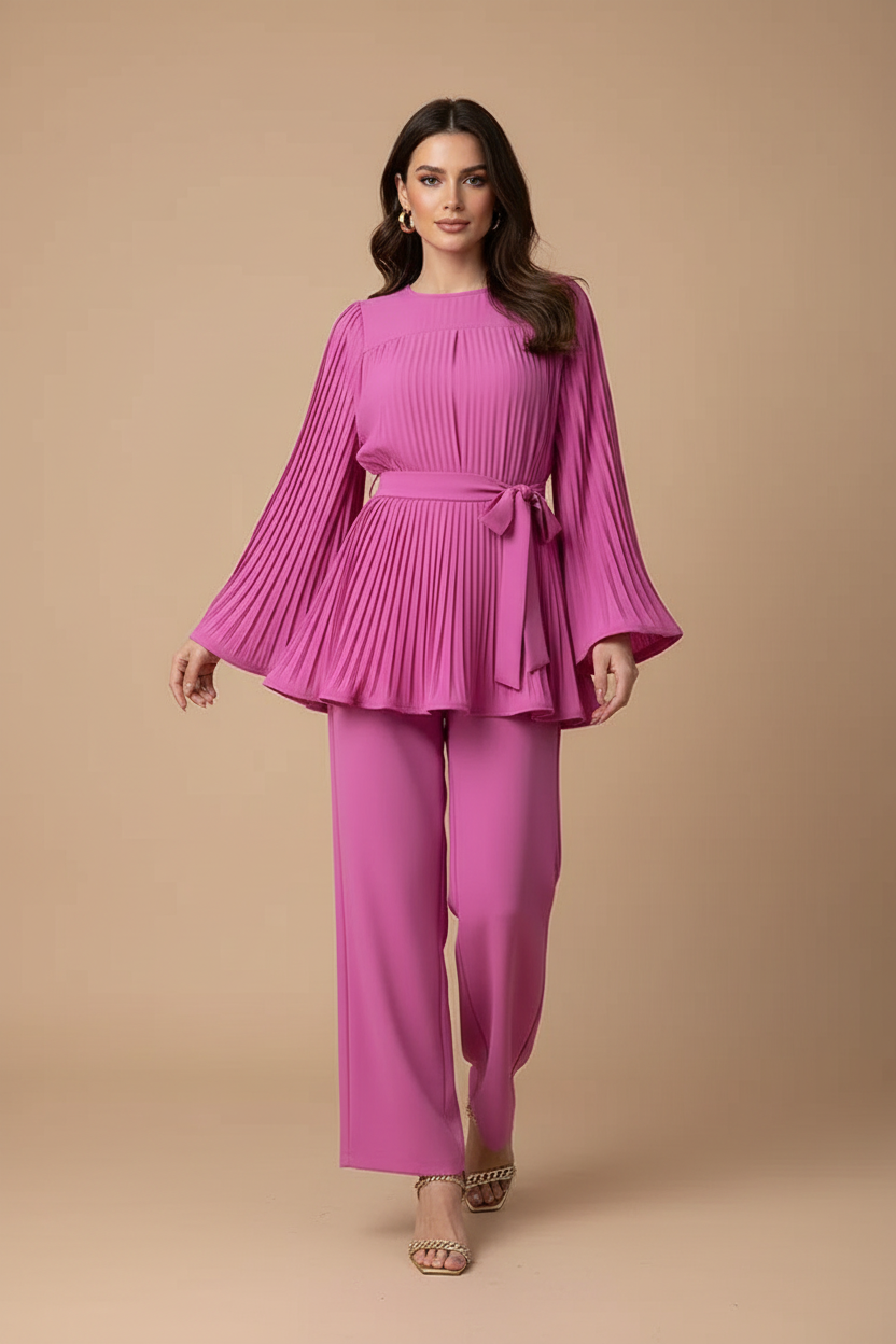 Women's Two Piece Set - Pleated Peplum Top and Wide Leg Pants
