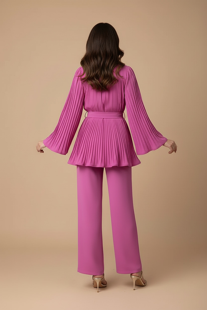 Women's Two Piece Set - Pleated Peplum Top and Wide Leg Pants