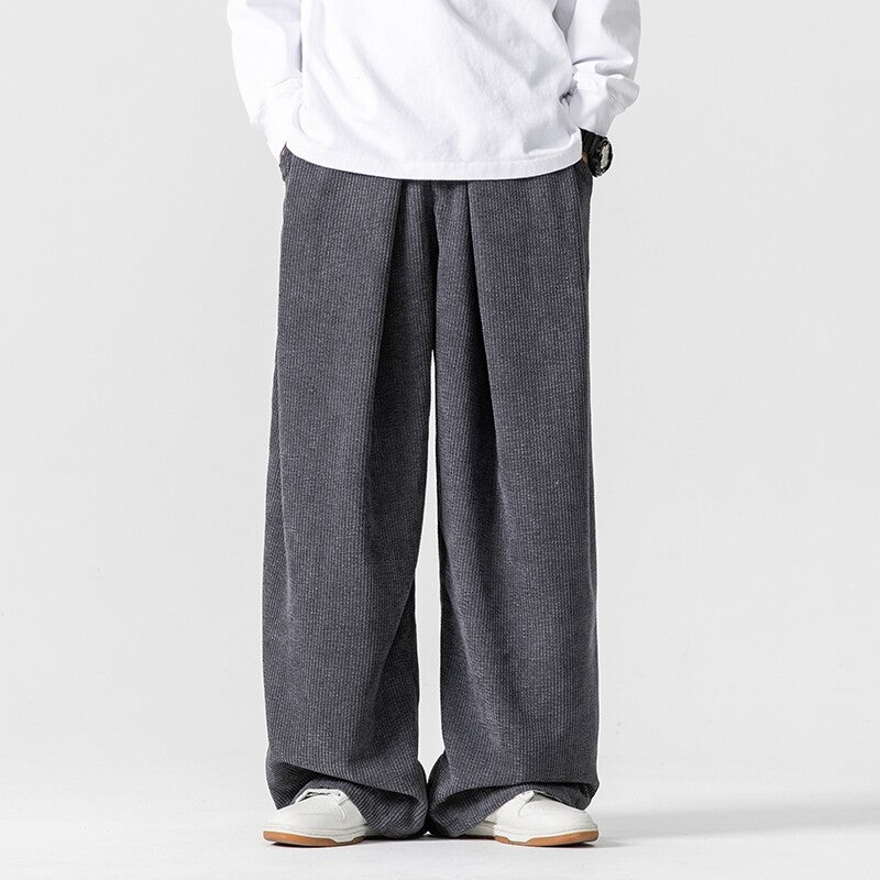 Men's Wide Leg Pants - Pleated Elasticated Waist with Button Closure