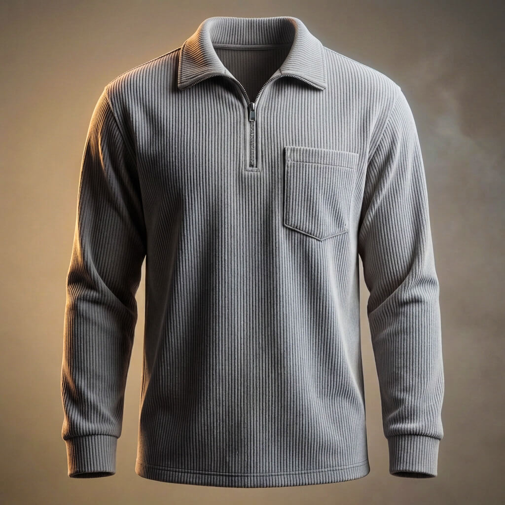 Men's Quarter Zip Jumper - Ribbed Knit Long Sleeve with Chest Pocket and Polo Collar