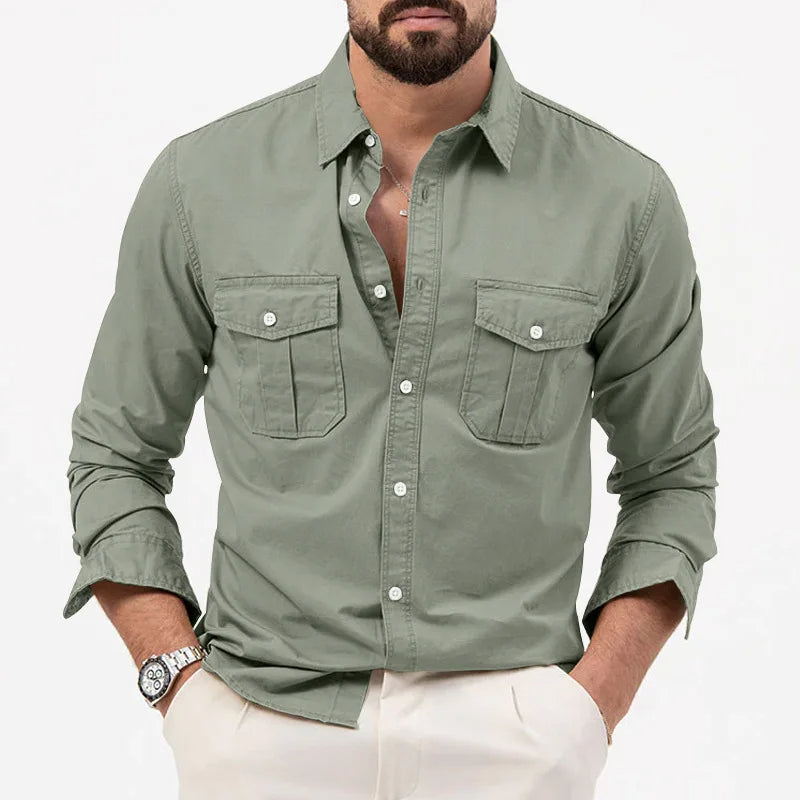 Men's Long Sleeve Button Up Shirt - Dual Chest Pockets - Relaxed Fit