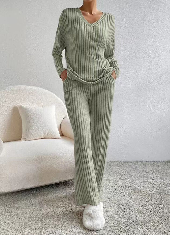 Women's Ribbed Knit Two Piece Set - V-Neck Long Sleeve Top and Wide Leg Pants