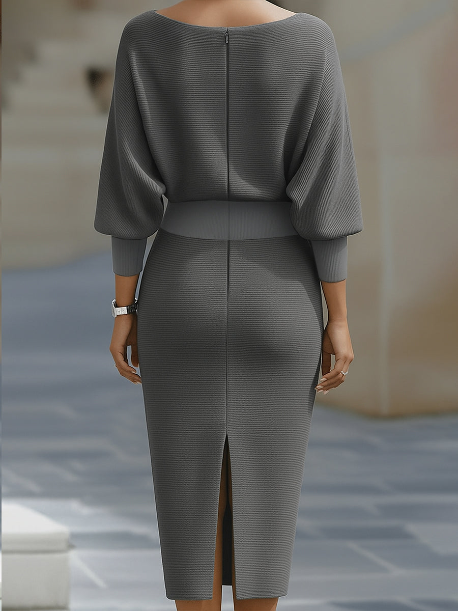 Women's Bodycon Midi Dress - Cowl Neck Batwing Sleeve with Back Zip and Hem Slit