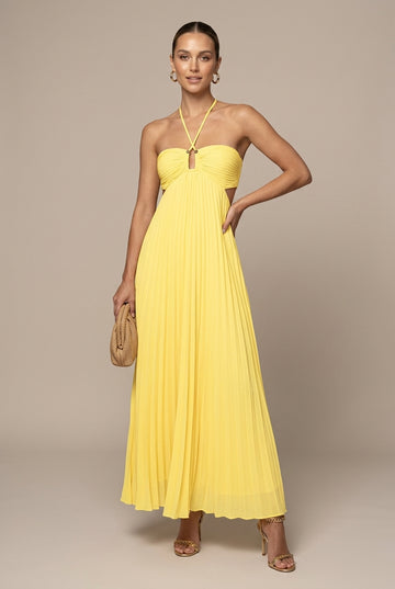 Women's Pleated Halter Neck Flowy Maxi Dress - Open Back