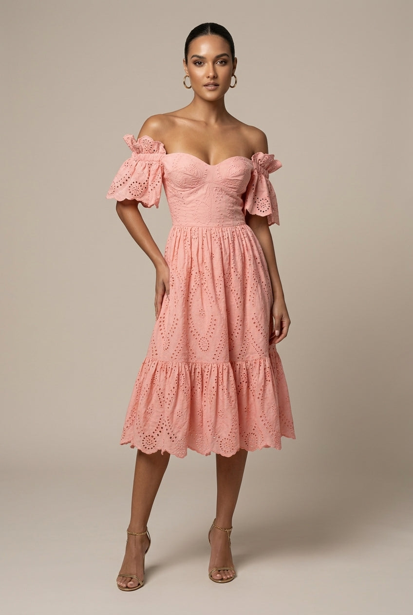 Women's Off Shoulder Eyelet Midi Dress - Puff Sleeves - Wedding Guest