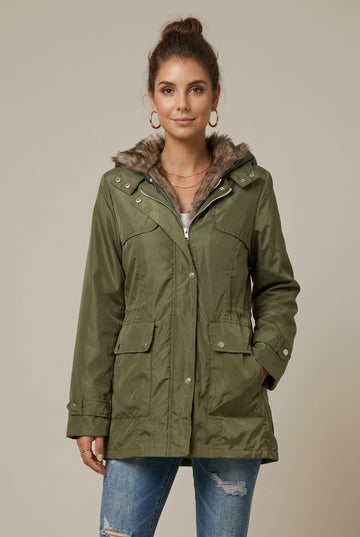 Women's Hooded Parka - Faux Fur Lined Hood - Snap Zip Front - Midi Length