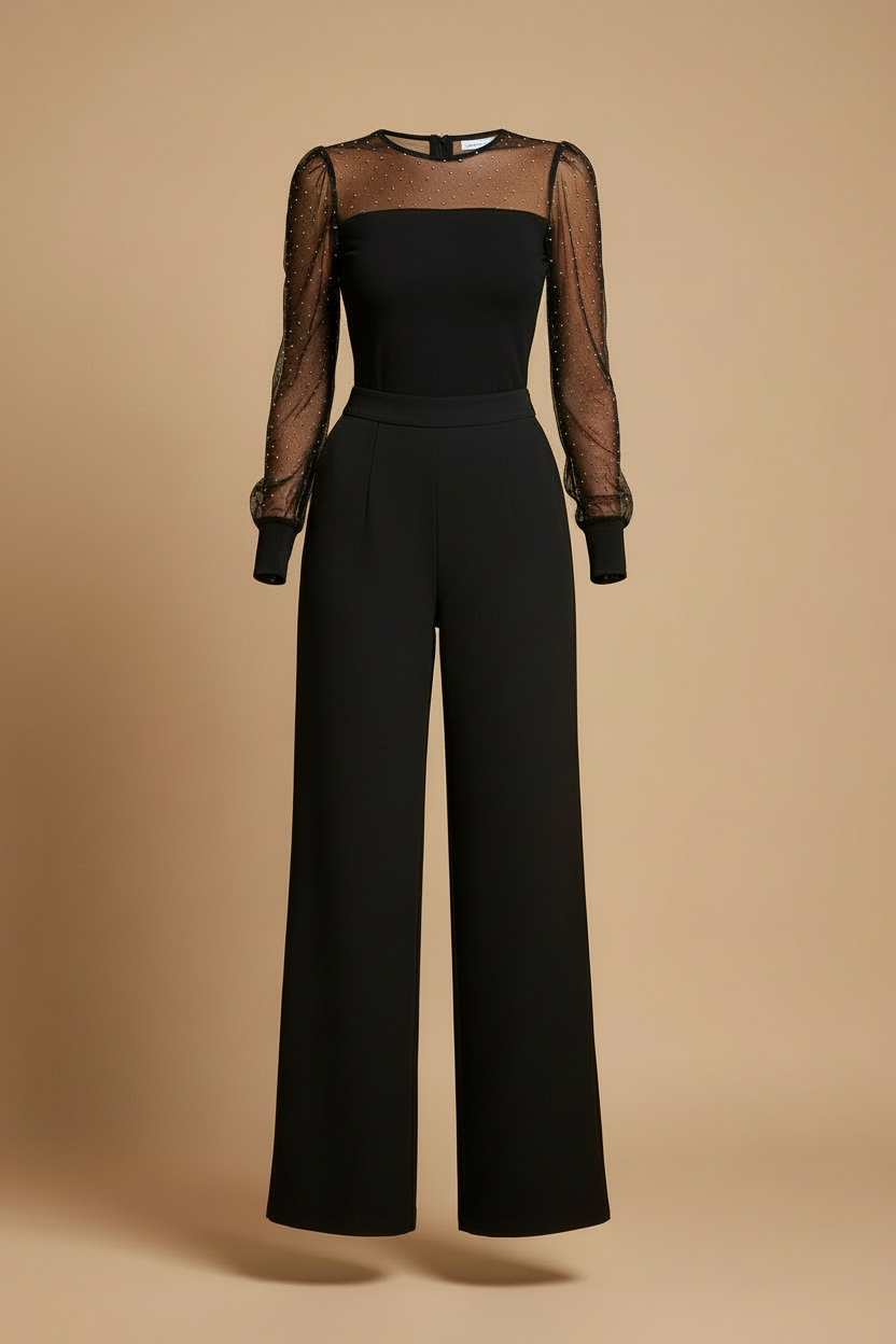 Women's Black Jumpsuit - V-Neck Sheer Glitter Mesh Sleeve Wide Leg