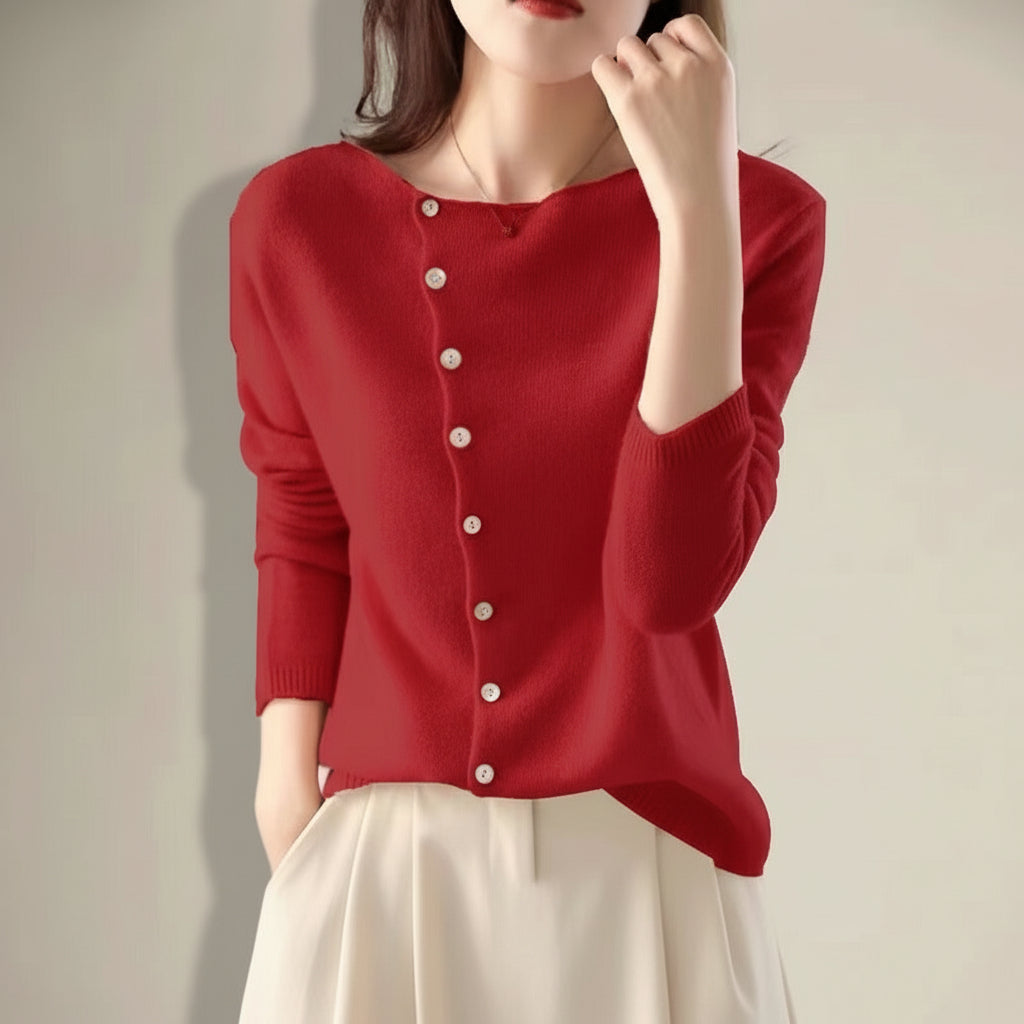 Women’s Asymmetric Button Front Knitted Cardigan Jumper with Long Sleeves and Folded Collar Detail
