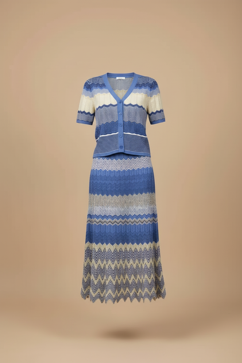 Women's Chevron Two Piece Skirt Set - V-Neck Top and Maxi Skirt