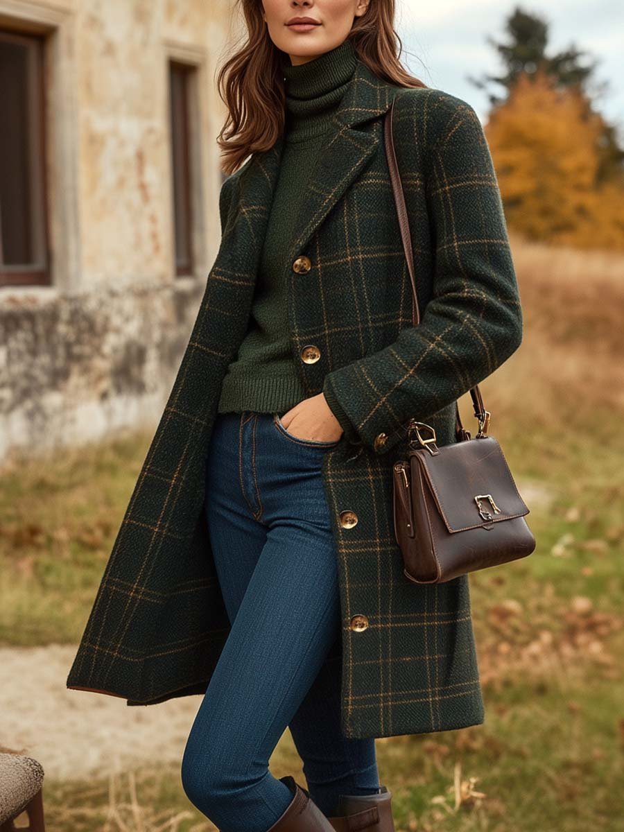 Women's Longline Coat - Windowpane Check - Notched Lapel - Single Breasted - Turn-Back Cuff