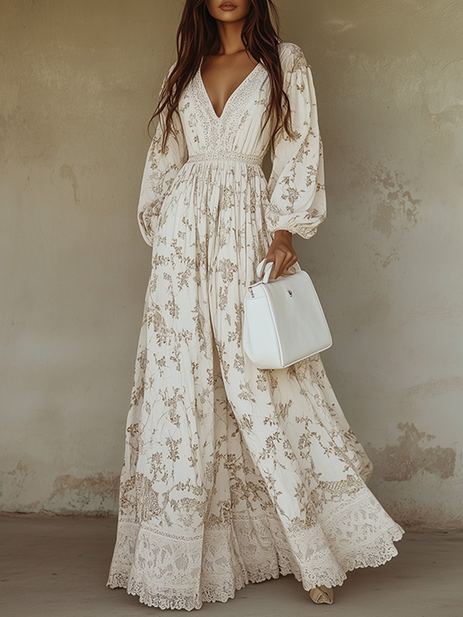Women's Floral Maxi Dress - V-Neck - Puff Sleeve - Lace Hem - White