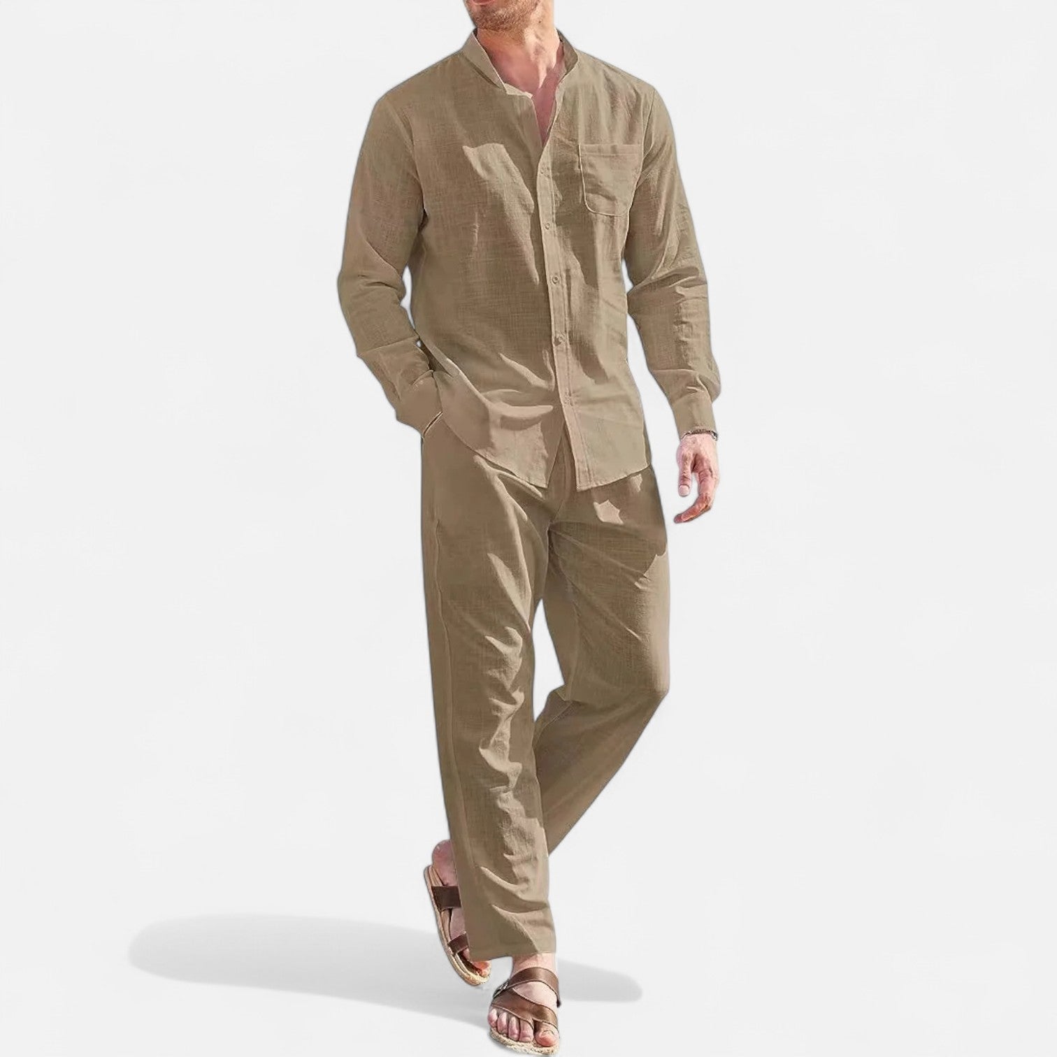 Men's Linen Long Sleeve Button-Down Shirt Two Piece Set