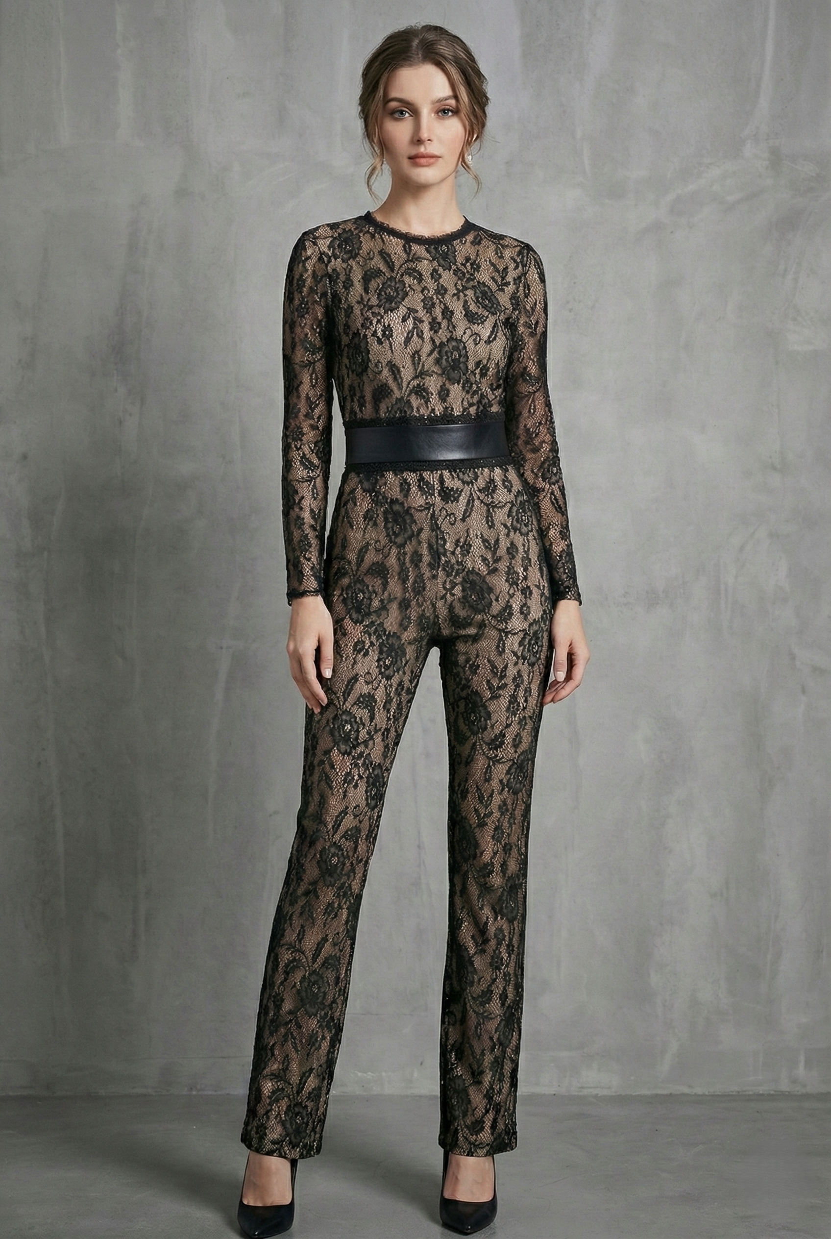 Women’s Black Lace Long Sleeve Jumpsuit – Sheer Floral Mesh Flared Leg Fit