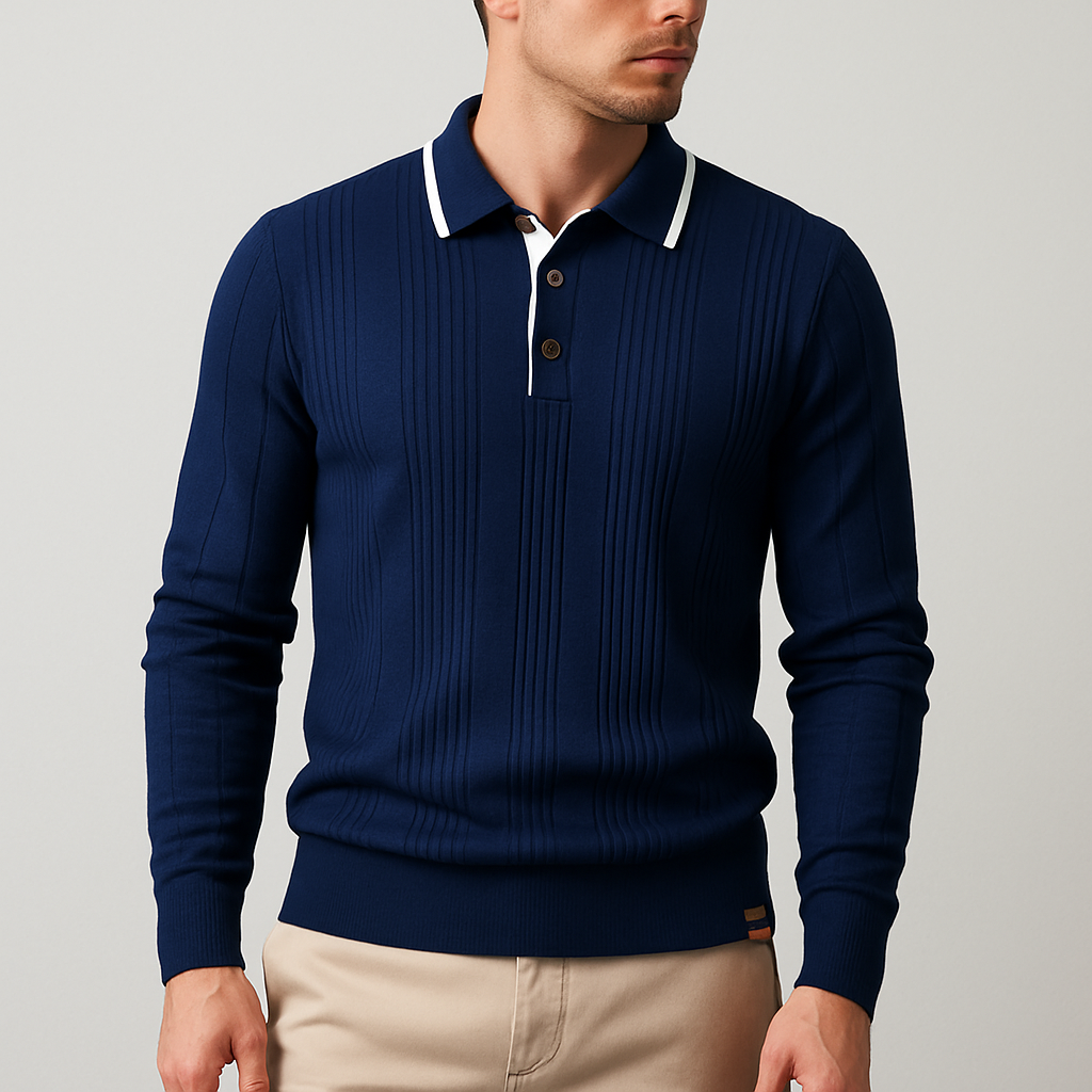 Men's Long Sleeve Polo - Knit Ribbed - Contrast Collar - Slim Fit