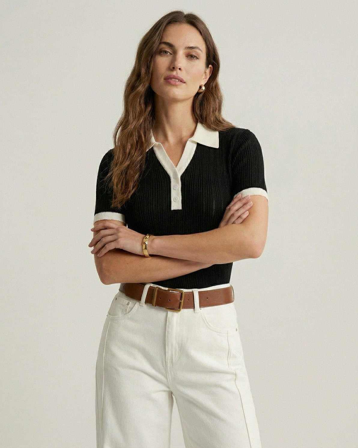 Women's Ribbed Knit Polo - Short Sleeve Contrast Trim Top