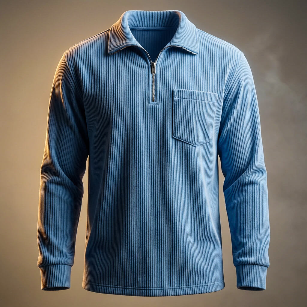 Men's Quarter Zip Jumper - Ribbed Knit Long Sleeve with Chest Pocket and Polo Collar